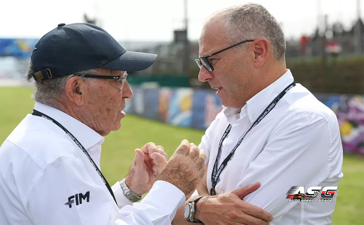 Auto Speed Garage Stefano Domenicali of Italy and CEO of Formula 1 and Carmelo Ezpeleta of Spain and CEO of Dorna Sports